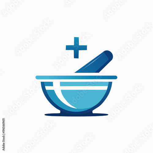 Stylized Pharmacy Health Care Icon with Mortar, Pestle, and Medical Cross Symbolizing Medicine and Wellness