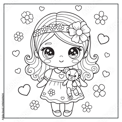 Charming coloring page featuring a cute girl with a teddy bear and floral details