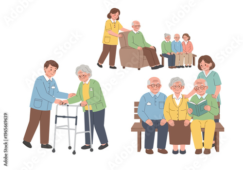 Elderly people with caregiver assistance.