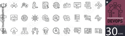 Minimal DevOps line icons for cloud computing, automation, CI/CD, server, monitoring, and software development. Perfect for IT services, tech platforms, and development projects.