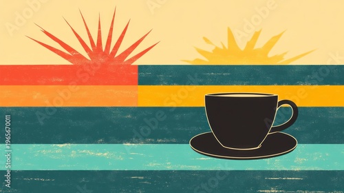 Retro coffee graphic with sunrises, layered stripes