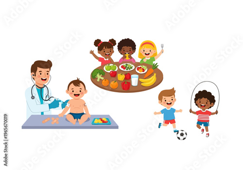 Children playing with doctor and food.