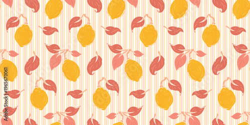 Yellow Lemons Striped Seamless Pattern Vector Illustration, Handmade