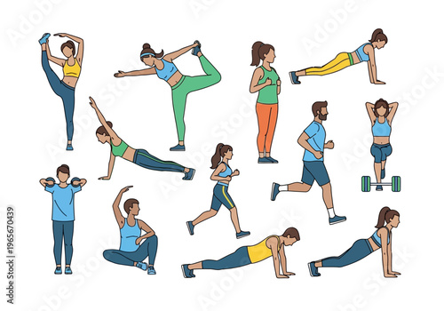 People doing various fitness exercises.