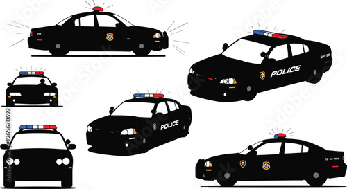Black police car vector illustration set with siren lights, front and side views, emergency vehicle icons, law enforcement patrol design