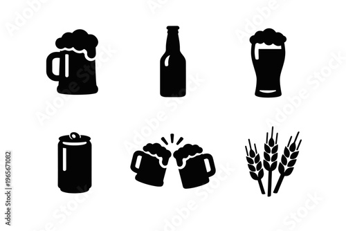 Beer and brewery silhouette icon set in minimal flat vector style
