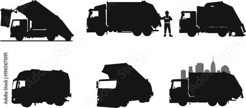 Black silhouette garbage truck vector set with workers, waste collection, recycling, sanitation, city service, urban cleanliness, industrial transport illustration