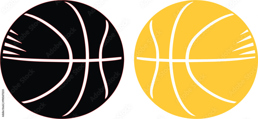 Obraz premium Basketball icon set, two modern graphic basketballs in black and yellow, simple sports ball vector illustration for athletic branding and design projects