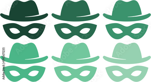 Secret agent disguise vector icon set, six green spy hats and masks, anonymous detective or mystery concept graphic, incognito identity illustration for security and privacy designs