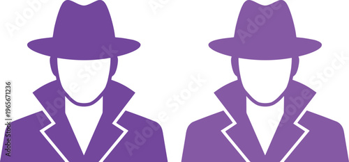 Mysterious purple detective avatar, anonymous spy icon, secret agent silhouette, incognito person vector graphic for privacy and security concepts