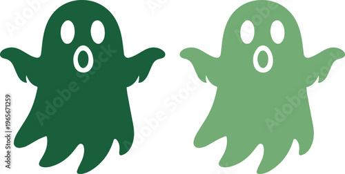 Spooky green ghost vector illustration, two playful Halloween spirits in varying shades of green, cute cartoon ghost characters for holiday designs, fun spectral graphic resource