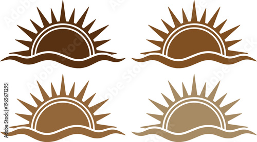 Rising sun vector icon set, four brown and beige sunrise graphic elements, abstract sunburst logo collection, dawn and dusk design assets for branding and web