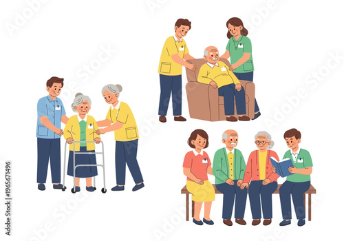 Elderly people with caregiver assistance.