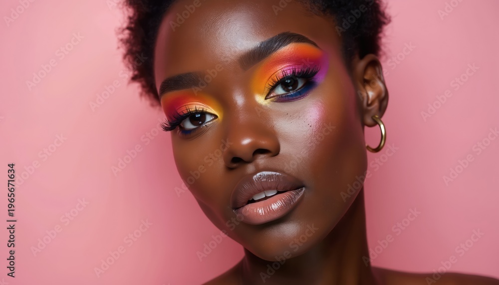 Obraz premium Woman has bright, colorful eye makeup with bold eyeshadow shades. She wears glossy lips and a gold hoop earring against a soft pink background.
