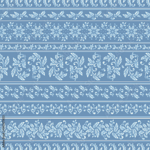 Vintage Floral Stripes Seamless Patterns. Blue White Ornate Damask Striped Motifs. Decorative Vector Design. Vector Handmade Illustration