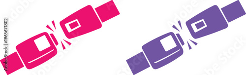 Safety Seatbelt Buckle Icon Set, pink and purple secure fastening symbols, essential vector graphic for automotive and travel safety, protection and security concept