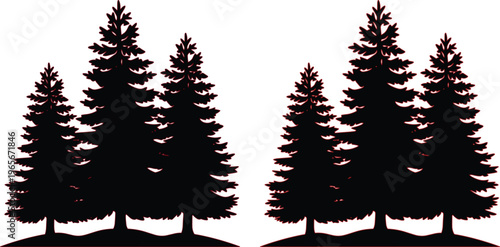Pine tree forest silhouette vector, evergreen fir tree graphic, conifer woodland illustration, nature landscape element for outdoor designs