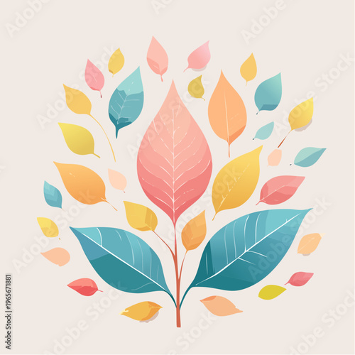 Vibrant pastel foliage illustration representing organic growth and natural harmony, a decorative botanical design