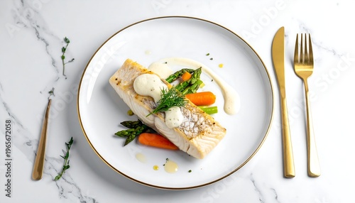A fine-dining presentation showcasing a white fish fillet, vegetables, and sauce artfully arranged on a white plate with gold cutlery