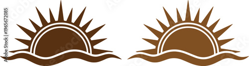 Rising sun and ocean waves vector icon, a stylized brown graphic of sunrise over water, perfect for travel, beach, or nature-themed designs, isolated on white background