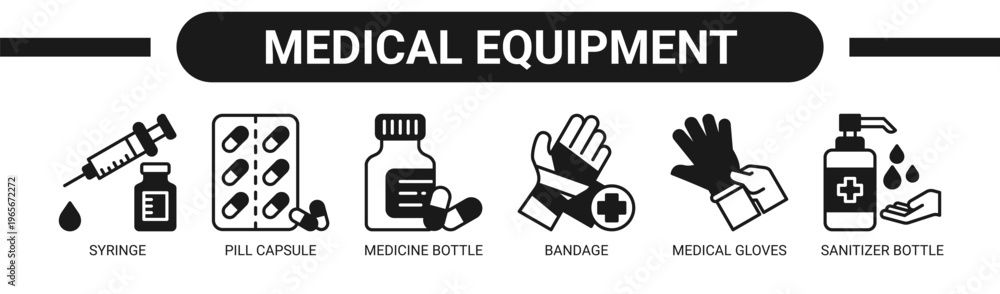 Obraz premium Medical Equipment web banner icon vector illustration concept with icons of syringe, pill capsule, medicine bottle, bandage, medical gloves, and sanitizer bottle.