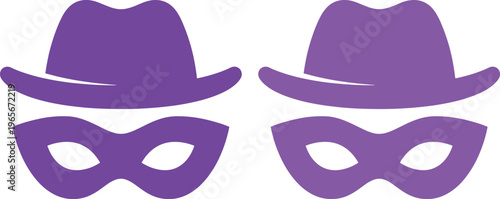Purple Detective Hat and Mask Vector Icon Set, Mysterious Secret Agent Disguise Elements, Incognito Spy Costume Graphics, Anonymous Identity Symbol for Web and Print Design