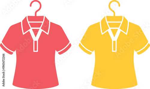 Red and yellow polo shirts on hangers, a classic casual apparel vector icon set. Stylish short-sleeved collared tops for fashion, retail, and clothing design projects.