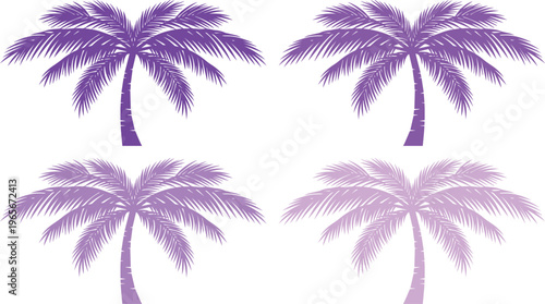 Vibrant purple palm trees, four tropical palm tree silhouettes, exotic summer vacation vector graphics, island paradise design elements for beach-themed projects