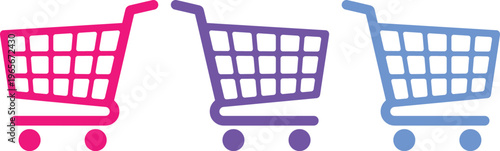 Colorful shopping carts vector set, three vibrant retail trolleys in pink, purple, and blue, perfect for e-commerce, sales, and online store graphics