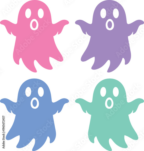 Cute ghost vector set, four pastel-colored spooky Halloween ghosts, adorable spectral characters for holiday designs, playful phantom graphic elements