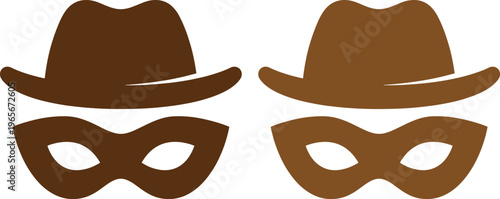 Mysterious detective hat and eye mask icon set, two brown vector graphics representing secrecy and anonymity, ideal for security, privacy, or crime-related designs