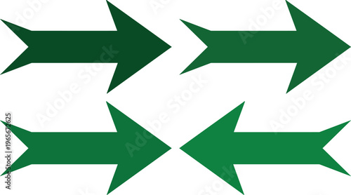 Dynamic green arrow vector set, four sharp directional arrows pointing right and left, modern navigation and progress symbols, isolated graphic resources for web design and user interfaces