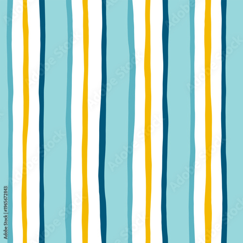 Stripes seamless pattern. Blue and yellow lines print. Watercolor sea stripes hand drown background