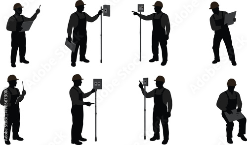 Construction engineers and workers silhouettes with hard hats using tools, clipboards, radios, laptops, tablets, control panels, teamwork, safety illustration