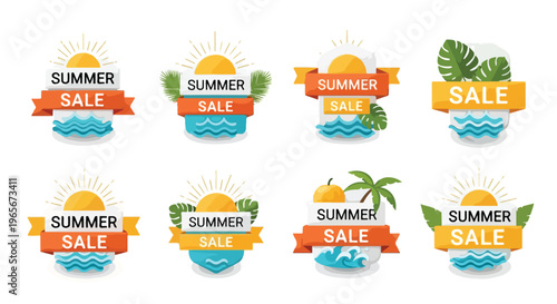Flat lay of six colorful summer sale badges with various designs on a white background.