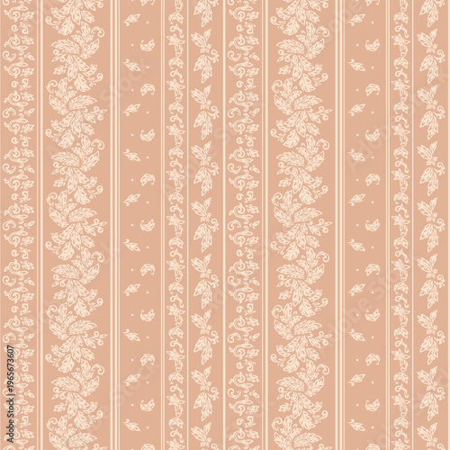Monochrome Beige Oriental Damask Stripes Seamless Pattern. Floral Ornament with Vertical Stripes. Ethnic Textile Vector Illustration, Handmade	