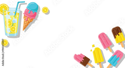 Flat lay illustration of colorful ice cream cones and a glass of lemonade with coins on a white background.