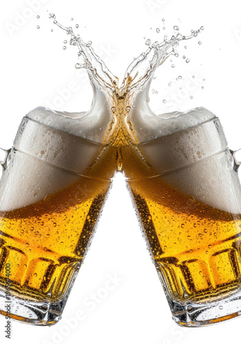 Two heavy glass mugs of golden lager with frothy foam clinking in a toast, creating a dynamic splash on a white background, concept for beverage advertising