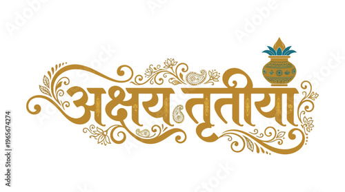 Happy Akshaya Tritiya golden Hindi calligraphy text with elegant floral flourishes and kalash vector illustration