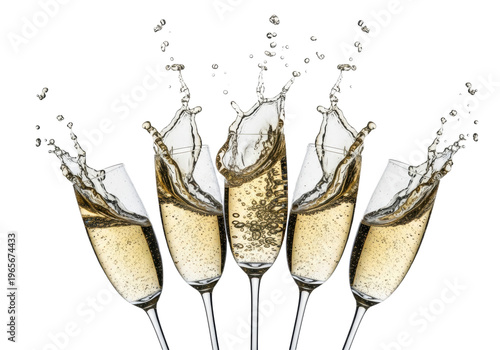 Five crystal flutes with golden sparkling wine and dynamic splashes frozen on a transparent background. Concept for luxury beverage advertising