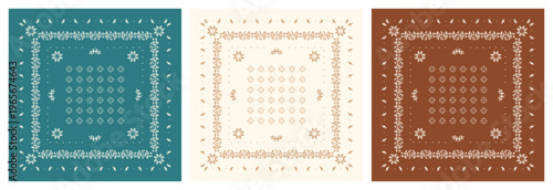 Set of Oriental Floral Bandana Prints. Elegant Ornament. Ethnic Silk Neck Scarf, Headscarf, Kerchief Vector Handmade Illustration	