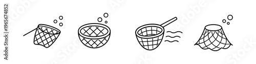 Collection of simple line art icons depicting various fishing nets and aquatic elements