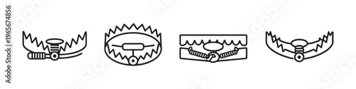 Set of four different animal trap icons in a line, black outline on white
