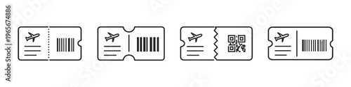 Collection of stylized airplane tickets with barcodes and QR codes