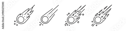 Collection of four stylized comet icons with tails and debris in a simple line art style