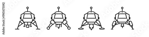 Set of four line art lunar lander icons showing different stages of descent and landing