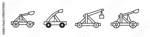 Collection of four different siege weapon catapult icons in a line art style