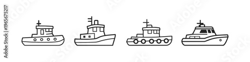 Different styles of tugboats in a clean line art design
