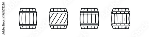 Collection of four distinct wooden barrel icons in a simple line art style