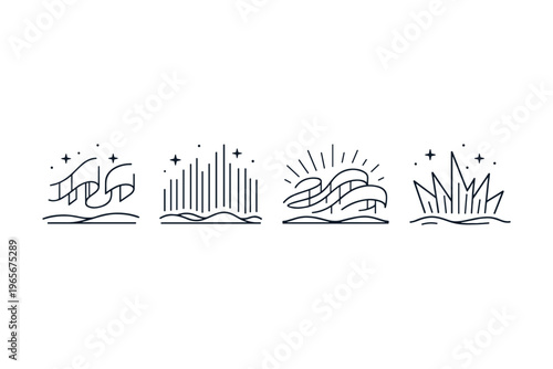 Collection of minimalist line art illustrations depicting aurora borealis and celestial phenomena